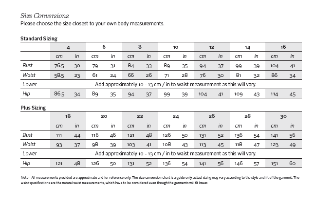 Fashion Biz Size Chart